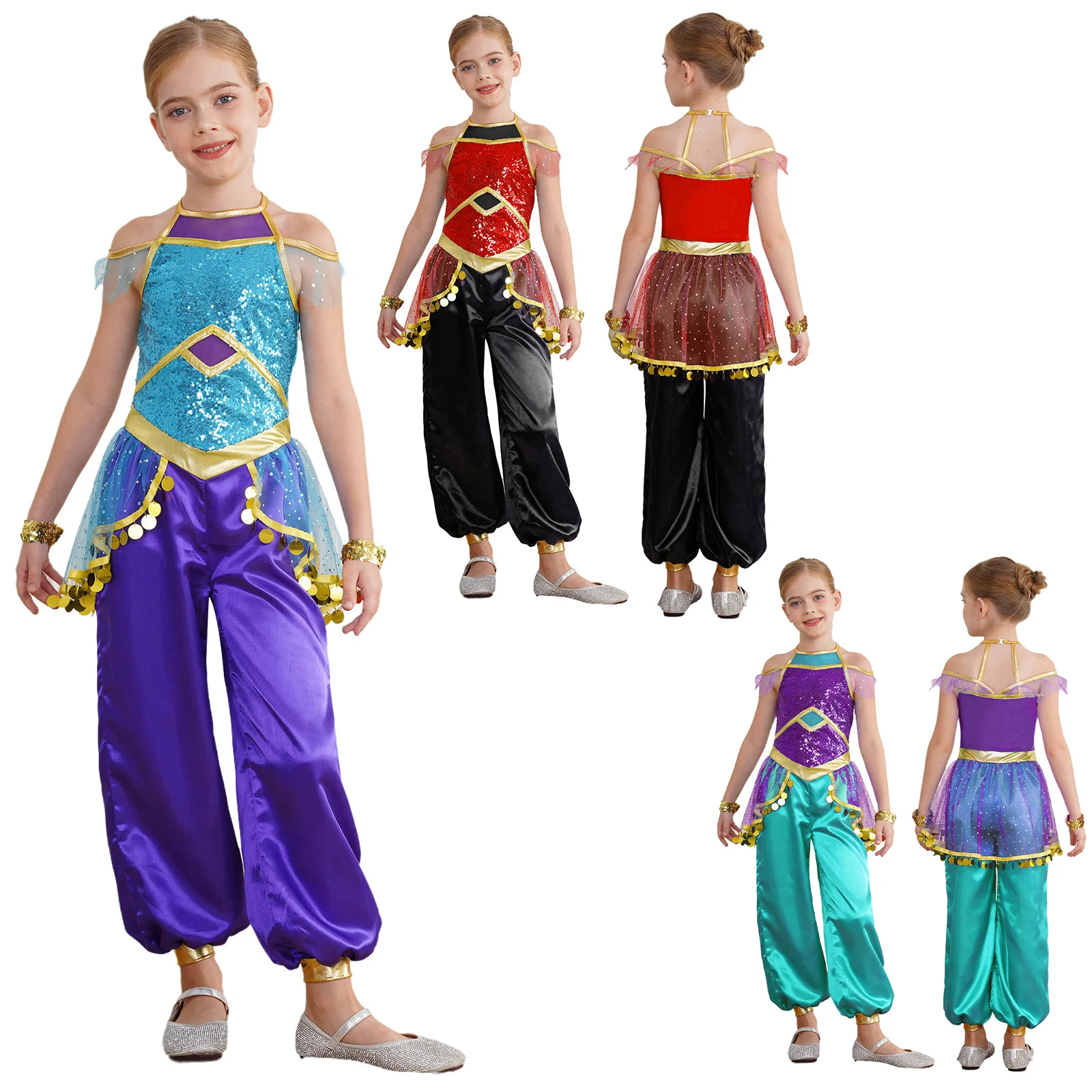 Kids Girls Arabian Princess Costume Sleeveless Tulle Sequins Bodysuit for Halloween Carnival Party Belly Dance Fancy Dress Up