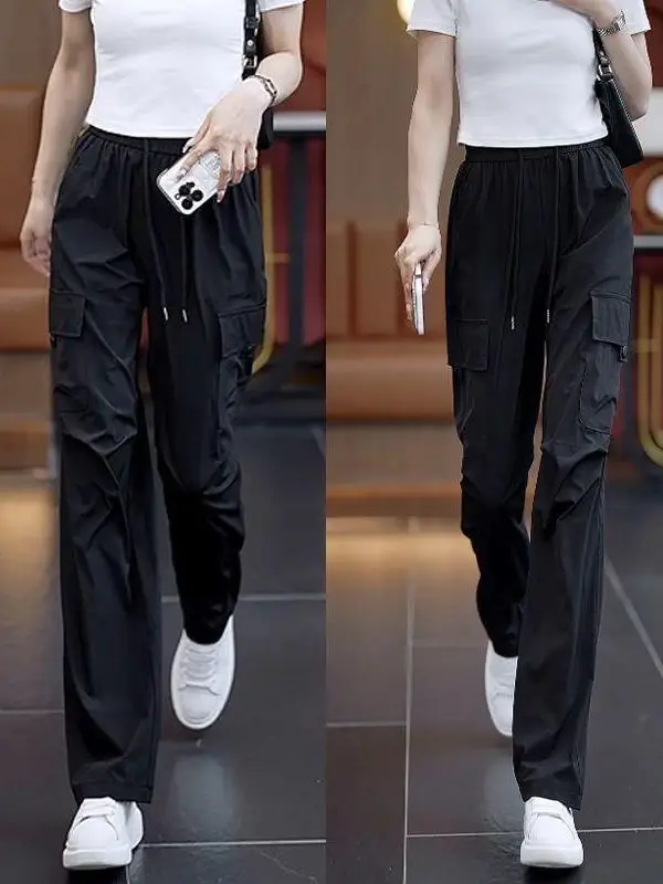 High Waist Cargo Pants Women's Loose Slimming Quick Dry Multi Pocket Wide Leg Pants New 2026 High Waist Paratrooper Pants