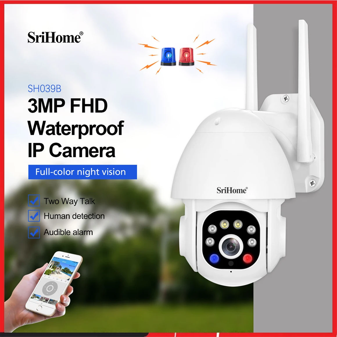 Srihome Outdoor Waterproof SH039 WIFI IP Camera 3.0MP Sound And Light Alarm Security CCTV Cameras Starlight Color Night Vision