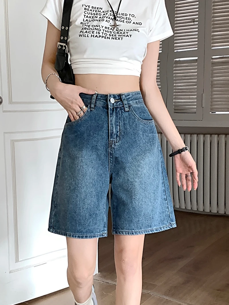 

Джинсы женские летние с высокой талией, свободного кроя, прямые, 5-точечные, с эффектом похудения, из смесового хлопка, синие, больших размеров