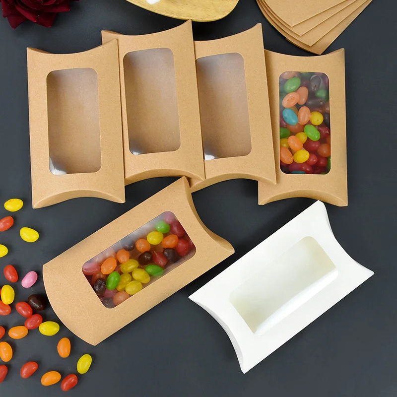 

10/20Pc Pillow Shape Cookie Candy Box with Window Wedding Birthday Kraft Paper Gift Packaging Boxs Birthday Party Decor Supplies