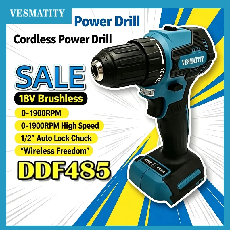 VESMATITY DDF485 2 Speed 10MM Brushless Cordless Drill Driver 50N.m 1900RPM Compact Tool for 18V Battery Pro Max Unit
