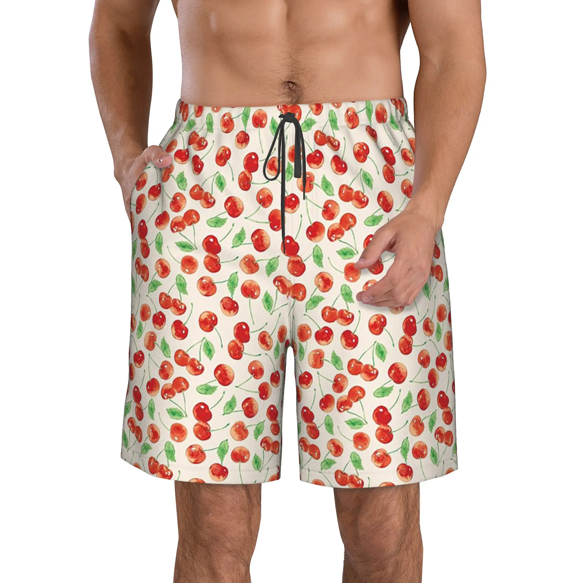 Fresh Red Cherry Pattern Trunks Beach Board Shorts Casual Quick Dry Swimming Summer Men Pants