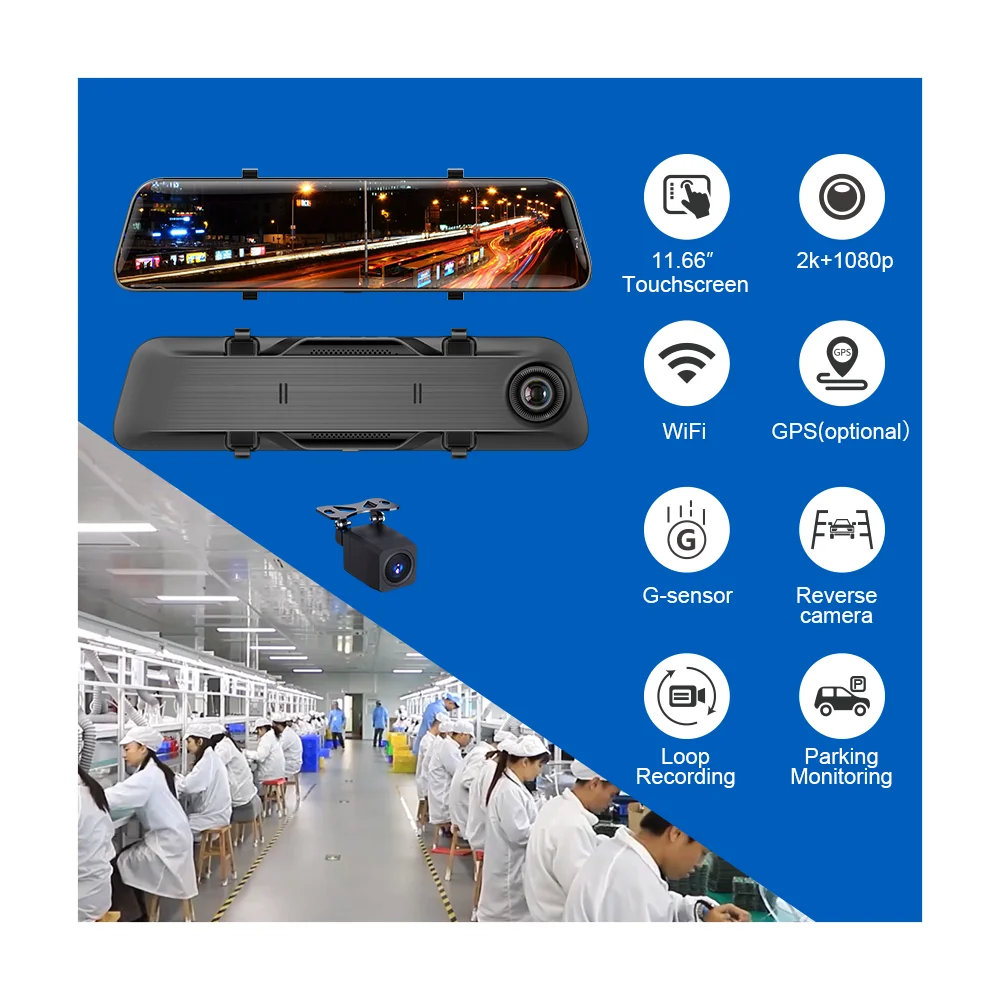 Screen Streaming Rearview Mirror Car Dvr Recorder Driving Recorder Rearview Mirror Reverse Camera 11.66-inch Touch Car Black Box
