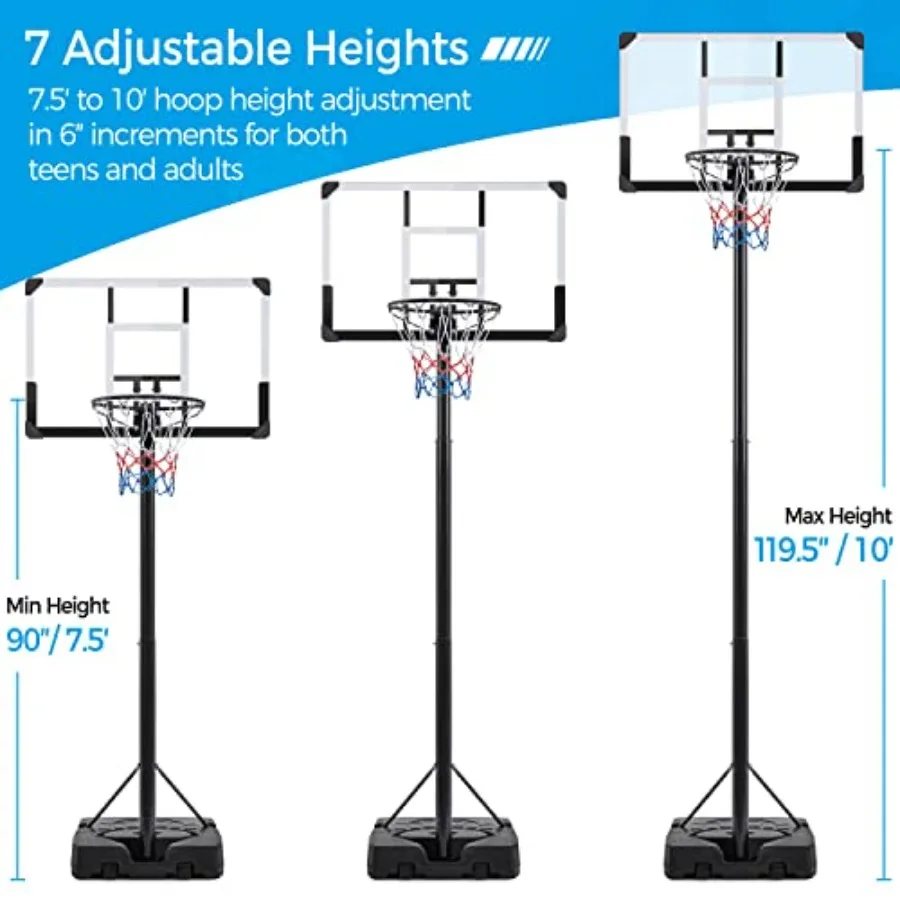 Aro de baloncesto portátil para exteriores, cancha de portería de baloncesto de 9,512 pies de altura ajustable para adultos con tablero trasero de 44 pulgadas