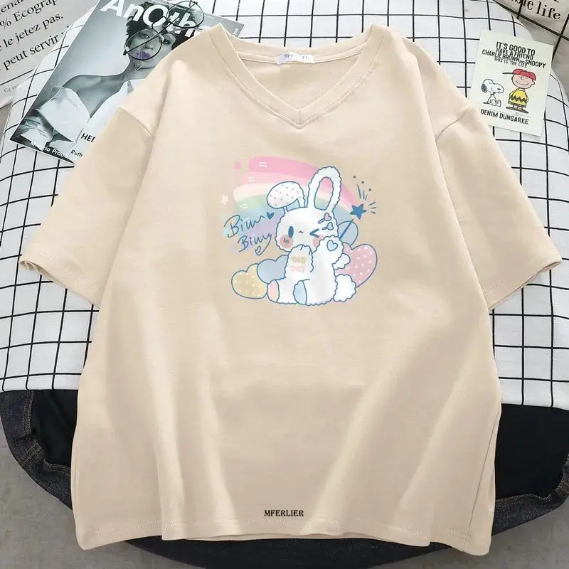 

Plus Size 6XL 150kg Cartoon T Shirt Sweet Women T-shirt V Neck Summer Tees Big Size Top for Women