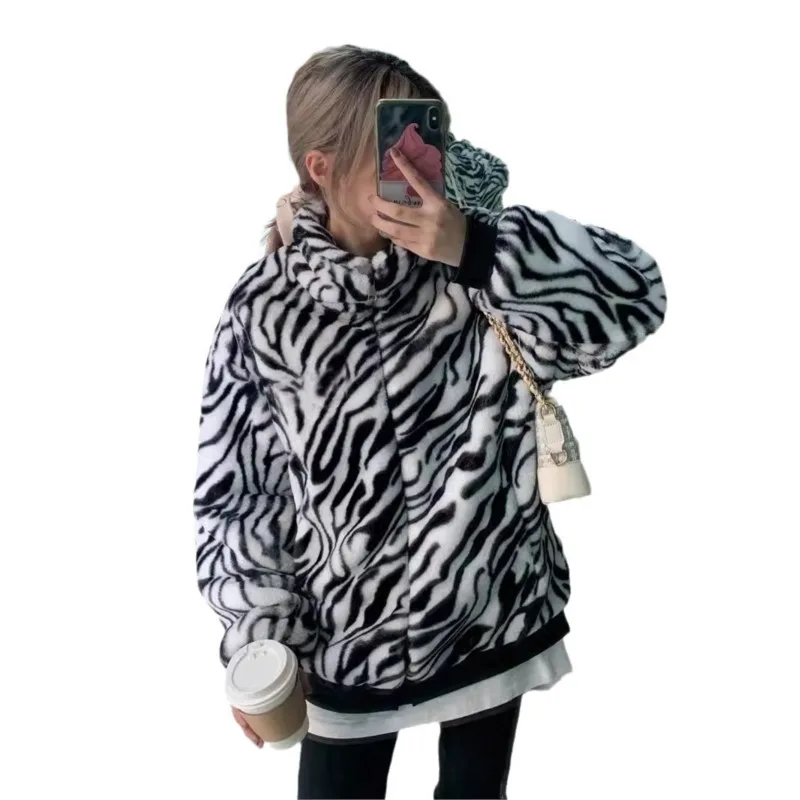 معطف فرو وصوف مختلط كبير الحجم بنمط جديد وياقة واقفة وسحاب ملابس نسائية بأنماط ملولبة #5