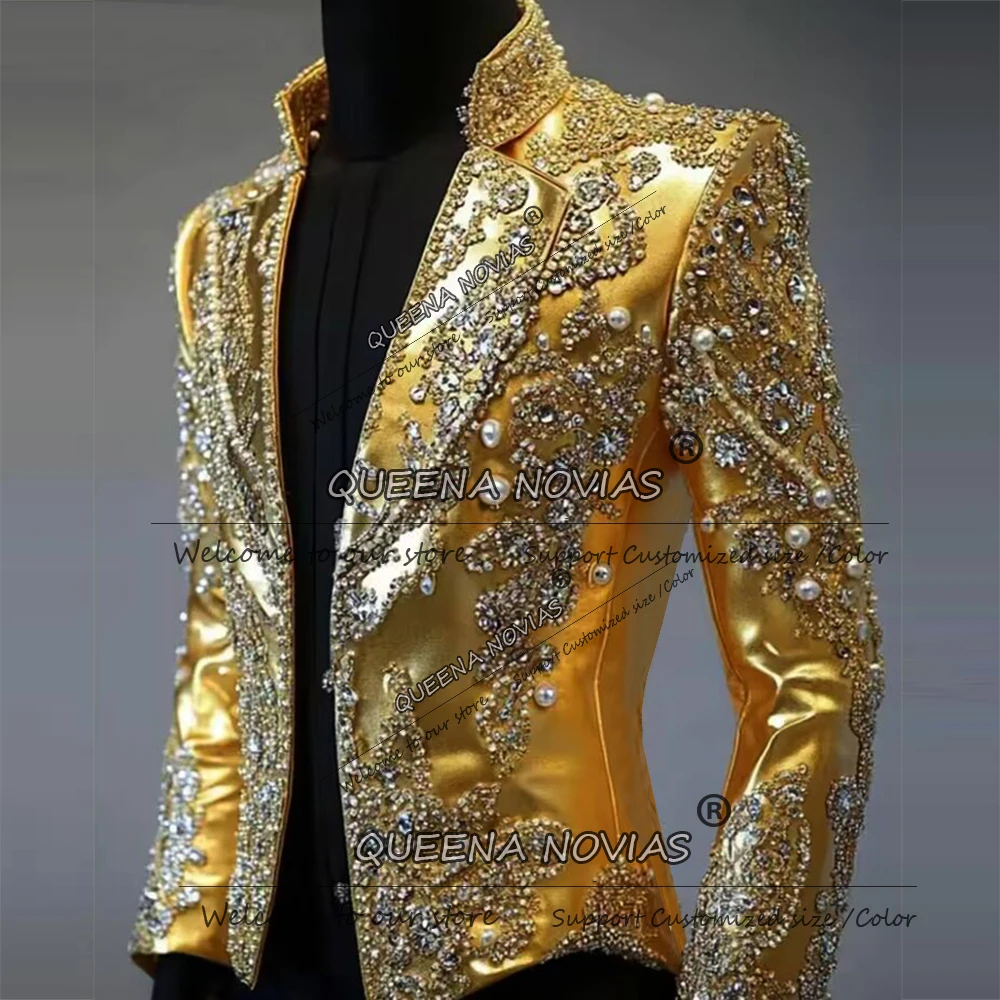 بدلة رجالية فاخرة مزينة بالكريستال والساتان لحفلات الزفاف، طقم من قطعتين (جاكيت وبنطلون)، تصميم مخصص، أزياء رجالية أنيقة، بدلة العريس