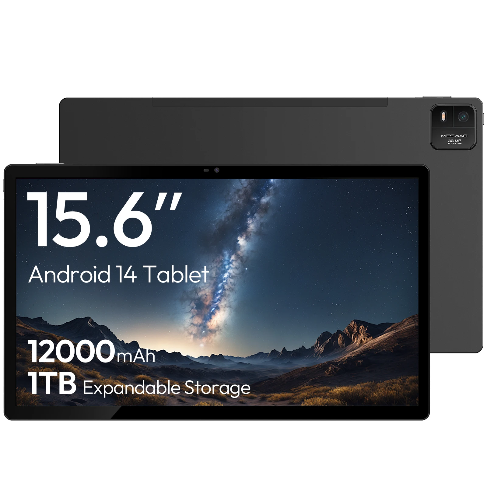 Tablet MESWAO B3 Basic de 15.6 pulgadas, procesador MTK Helio G99 de 64 bits y 8 núcleos, Android 14, batería de 12000 mAh, almacenamiento de 6+128 GB, cámara de 32 MP y resolución de 1920 x 1080.