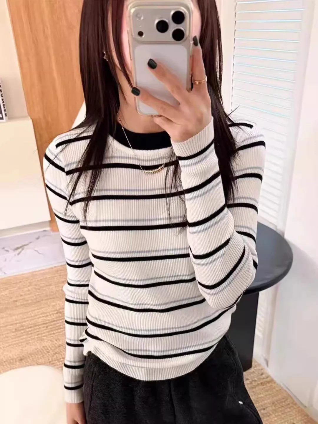 

Корейский вязаный свитер в полоску с длинным светом, женский круглый топ Ne Overhead Slim Fit Base irt, универсальный топ для похудения