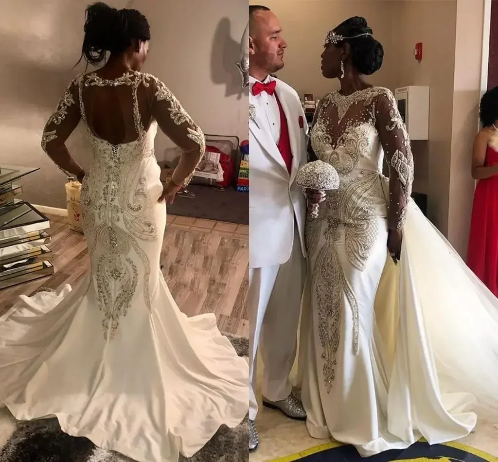 

Customized Crystal Mermaid Wedding Dresses With Long Sleeve 2024 Lace Applique Beaded Nigeria African Gown Detachable Train