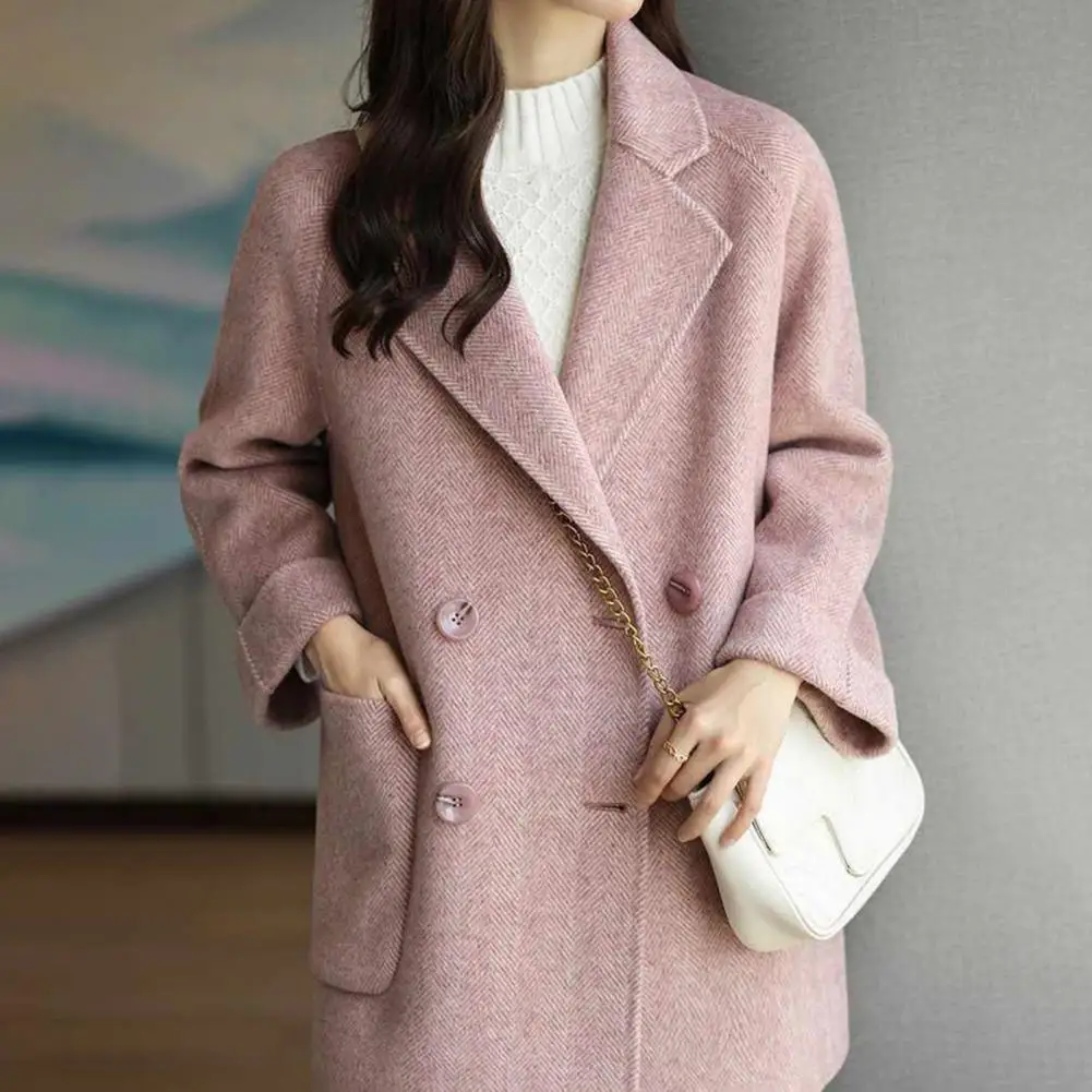 

Solid Color Women Coat Elegant Women's Winter Woolen Coat with Turn-down Collar Double-breasted Design for Business for A