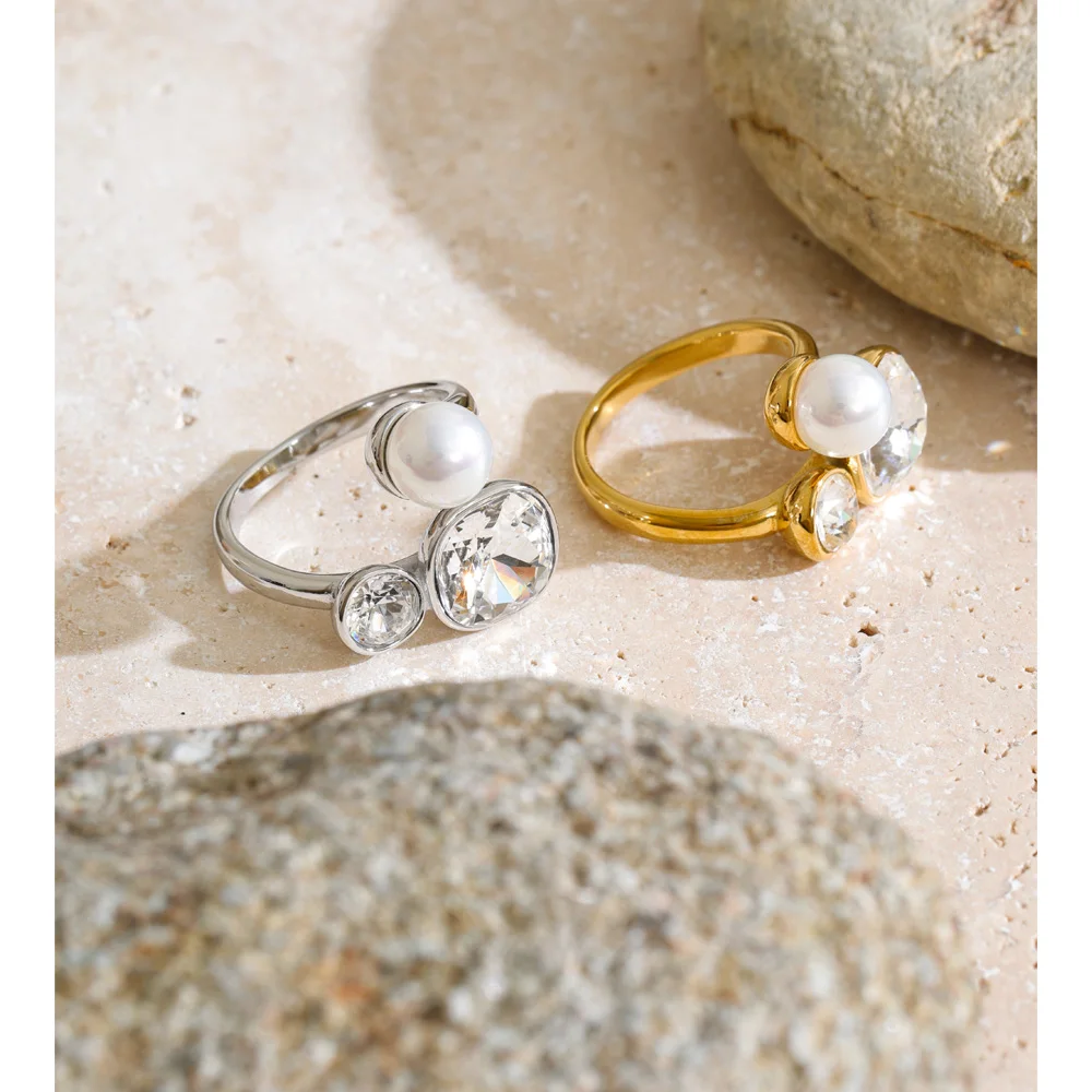 Yhpup Stainless Steel PearlsCubic Zirconia Fashion Ring Prevent Allergy Metal Charming Aesthetic Finger Jewelry
