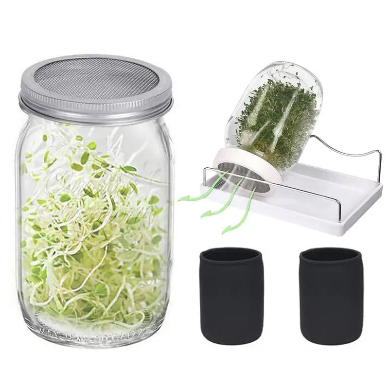 

2Pcs Wide Mouth Seedling Germination Jar 6.75x4in Seed Sprouting Mason Blackout Sleeves Drip Tray Glass Sprouter With Steel Lid