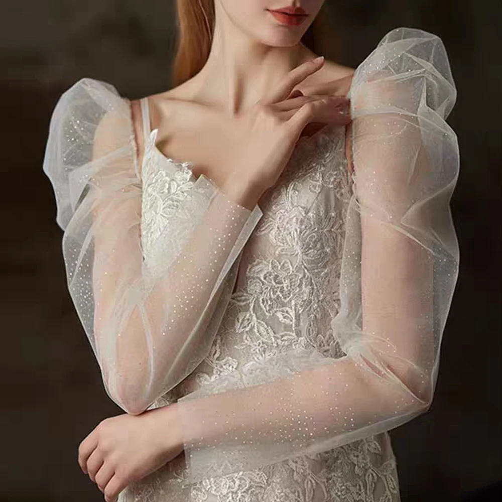 Bride Transparent Sheer Sleeves Bubble Sleeve Mesh Fake Sleeve Shiny Sequined Tulle Soft Perform Gloves Wedding Elegant Sleeves