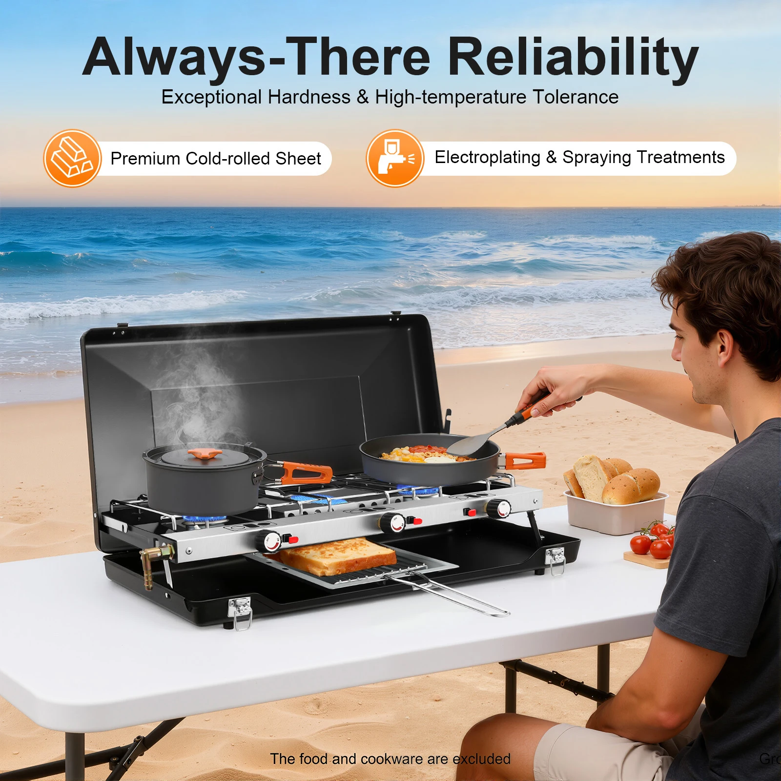 Réchaud de camping pliable à 3 brûleurs 1,5 kW, barbecue à gaz de table, cuisinière portable d'extérieur avec grille amovible