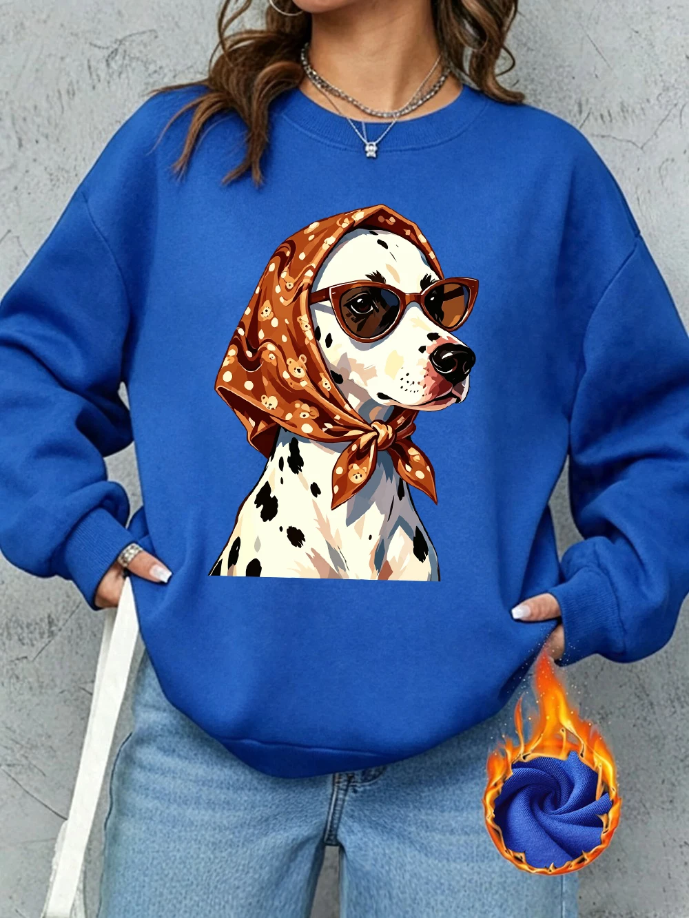 Braunes Kopftuch, Sonnenbrille, Hundemotive, Sweatshirt, Damen-Sweatshirt mit Rundhalsausschnitt, Basics-Hoodies, lockerer, warmer Fleece-Pullover, Herbstkleidung für Damen – Detail 17