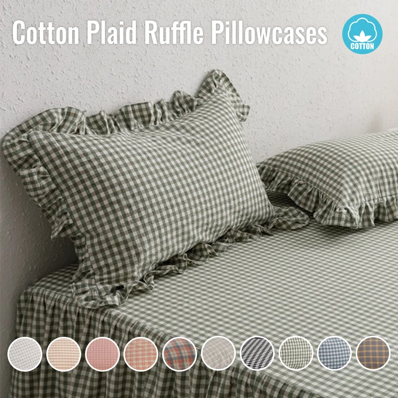 Plaid Ruffle Pillowcases Farmhouse Queen Size Pillow Shams 19