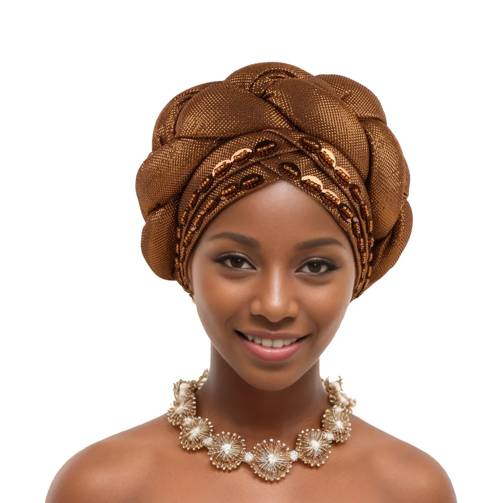 2024 Latest African Auto Geles Headtie Already Made Headties Shinning Turban Cap for Women Ready Nigerian Hijab Braid Head Wraps