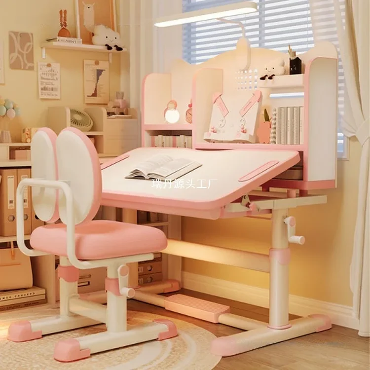 ga-Children's Study Table And Chair Set Primary School Students Lifting Desk Writing Table Bookshelf Integrated Table
