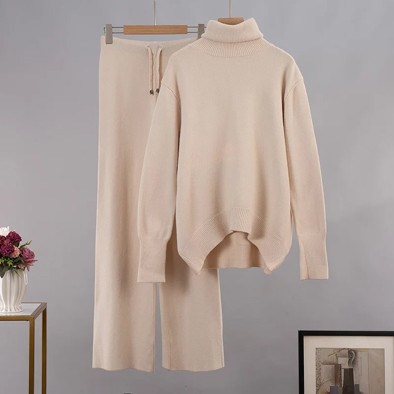 Solid Color High-neck Sweater + Wide-leg Knit Pants Two-piece Set 2024 Versatile Loose Sweater Suit for Winter.