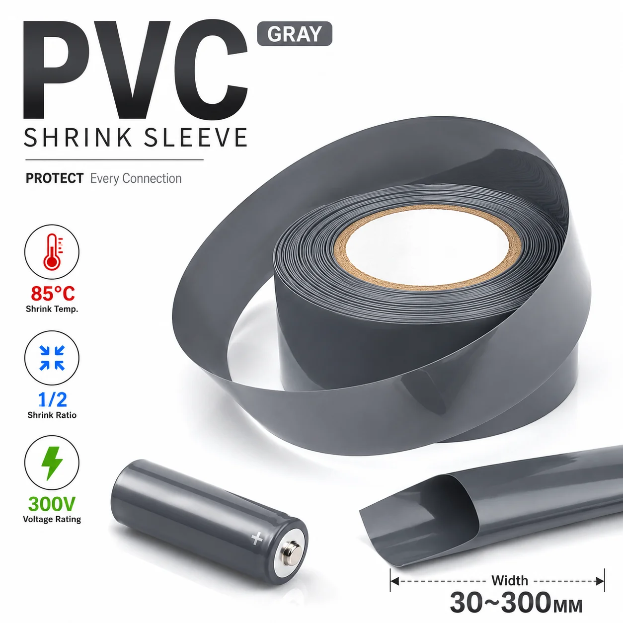 10/5/2M Gray PVC Heat Shrink Sleeve Wide Size 30-300mm  Insulated dustproof electrical wire harness protective sleeve