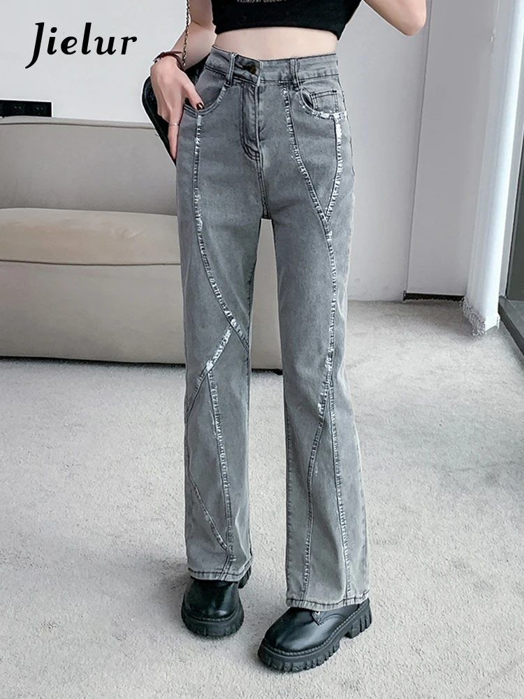 Jielur American Style Vintage szary kobiece dżinsy nowy kolor zaklęcia wysokiej talii szczupła moda damskie dżinsy dzwony Casual Chic Jeans