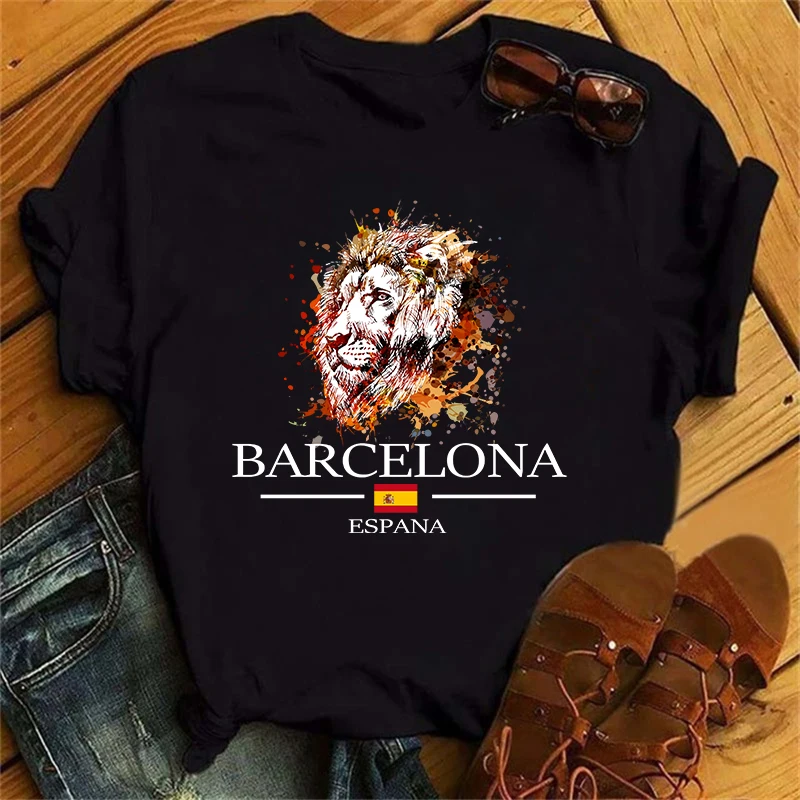 Barcelona Eagles Lions Leopards Print Women\'s T-Shirts Esppana Letter ​Harajuku Unisex Luxury TShirts Summer Short Sleeve Top