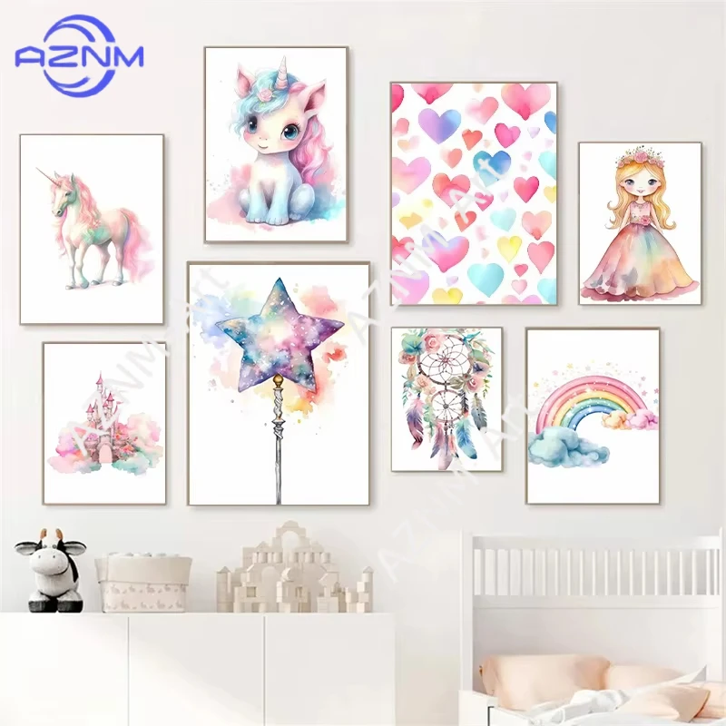 1PC ，Colorful castle unicorn girl room decoration poster cartoon princess rainbow canvas painting for nursey Kids room wall art