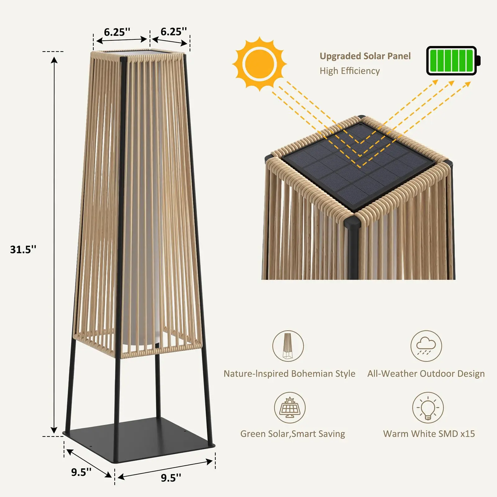 Solar Rattan Outdoor Floor Lamp Set of 2, Natural