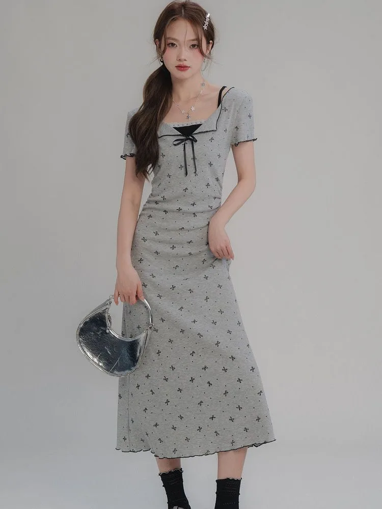 Schickes, kurzärmliges Maxi-Bodycon-Kleid in A-Linie mit Schmetterlings-Schleifenkragen, geripptes, zweiteiliges, schlankmachendes langes Kleid für den Frühling und Sommer