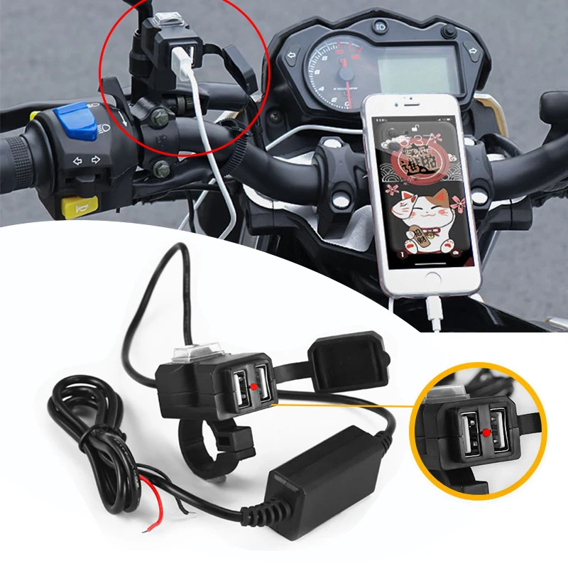 Universal motocicleta carregador do telefone móvel, slot duplo USB, carga rápida, impermeável, soquete do carregador de bicicleta, 12V, acessórios