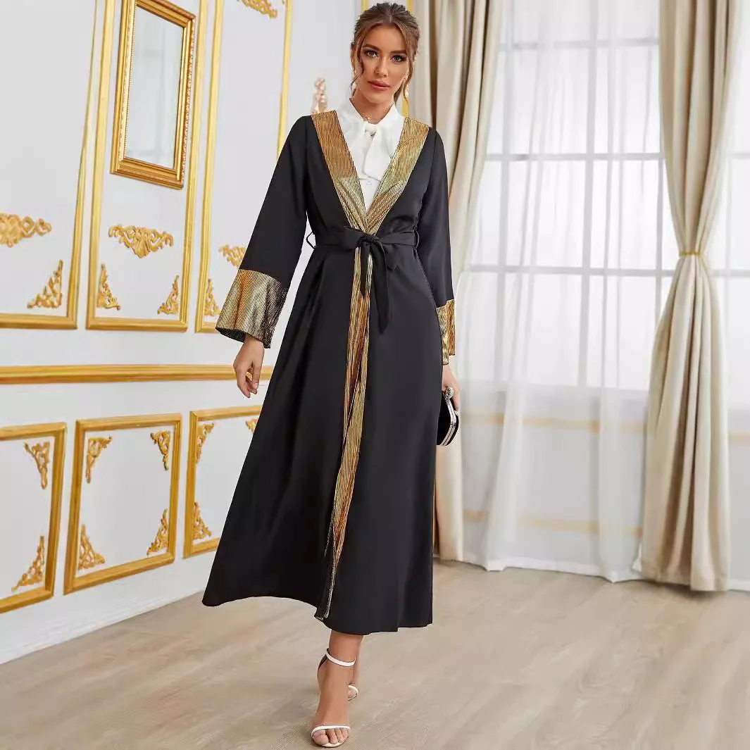 BX-21984 Fashion Muslim 2024 Autumn New Collection Splicing Cardigan Robe with Belt