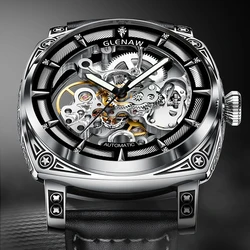 GLENAW Men Watches Top Brand Luxury Hollow Engraving Mechanical Watch Men's Stainless Steel Waterproof Watch Relogios Masculino
