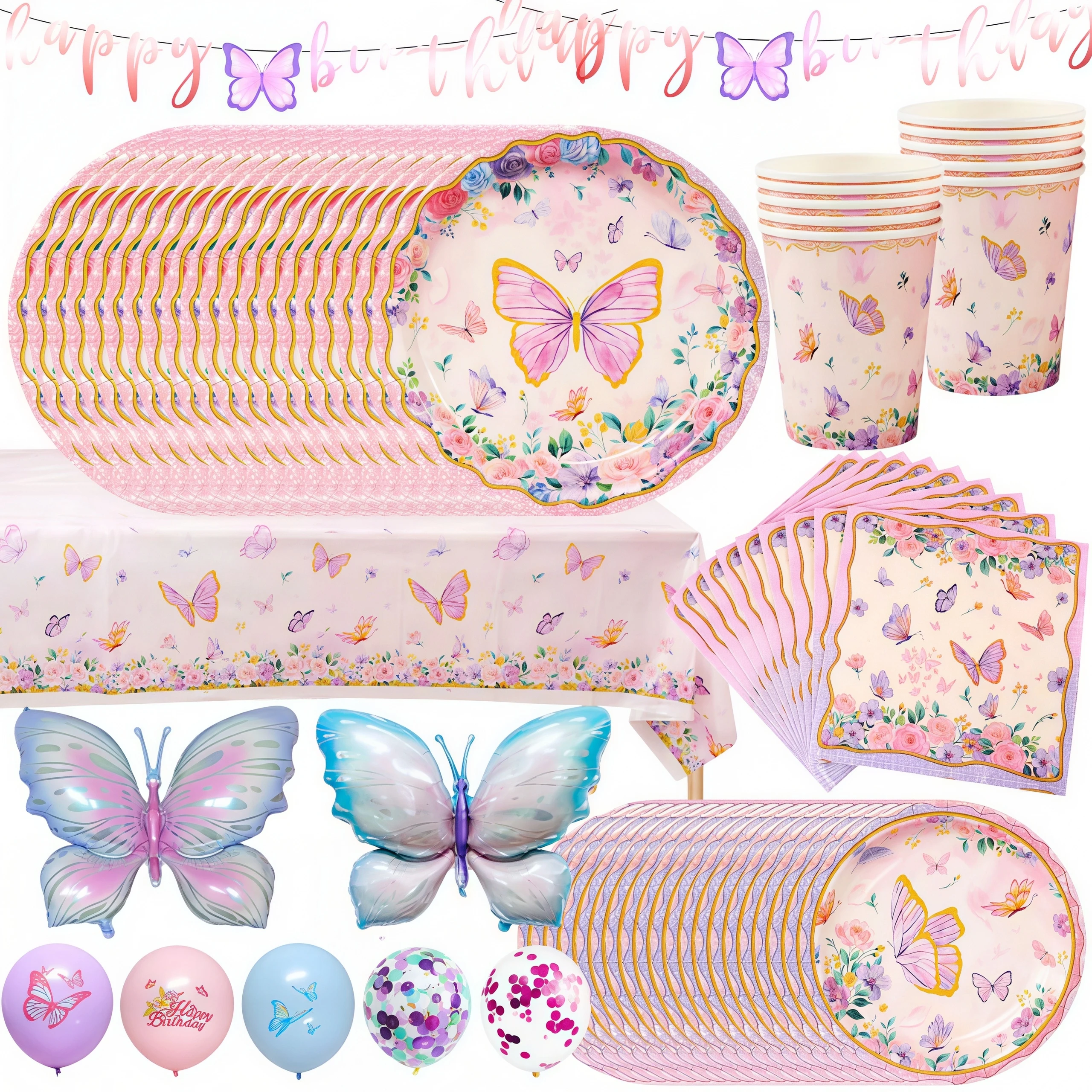 Schmetterling Geburtstagsparty Zubehör Partydekoration Tischgeschirr Pappbecher Teller Rosa Schmetterling Mädchen Babyparty Hochzeit Heimdekoration