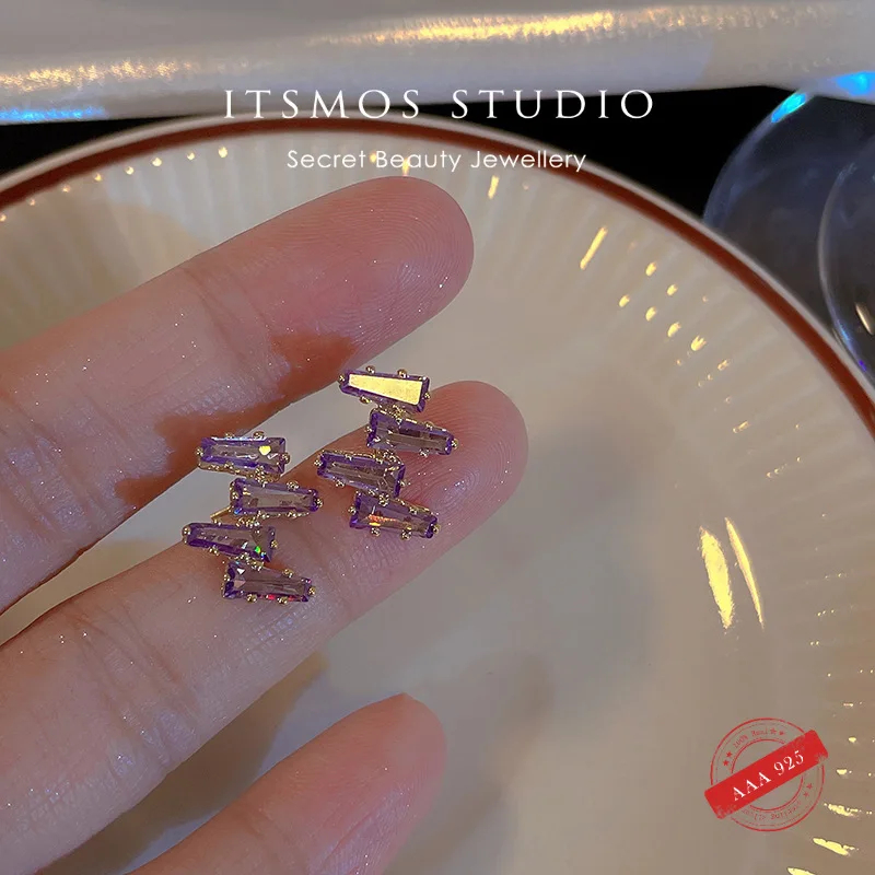 ITSMOS s925 Sterling Silver Amethyst Trapezoid Zircon Earrings 14k Gold Plated Square Crystal Studs Luxury Jewelry for Women