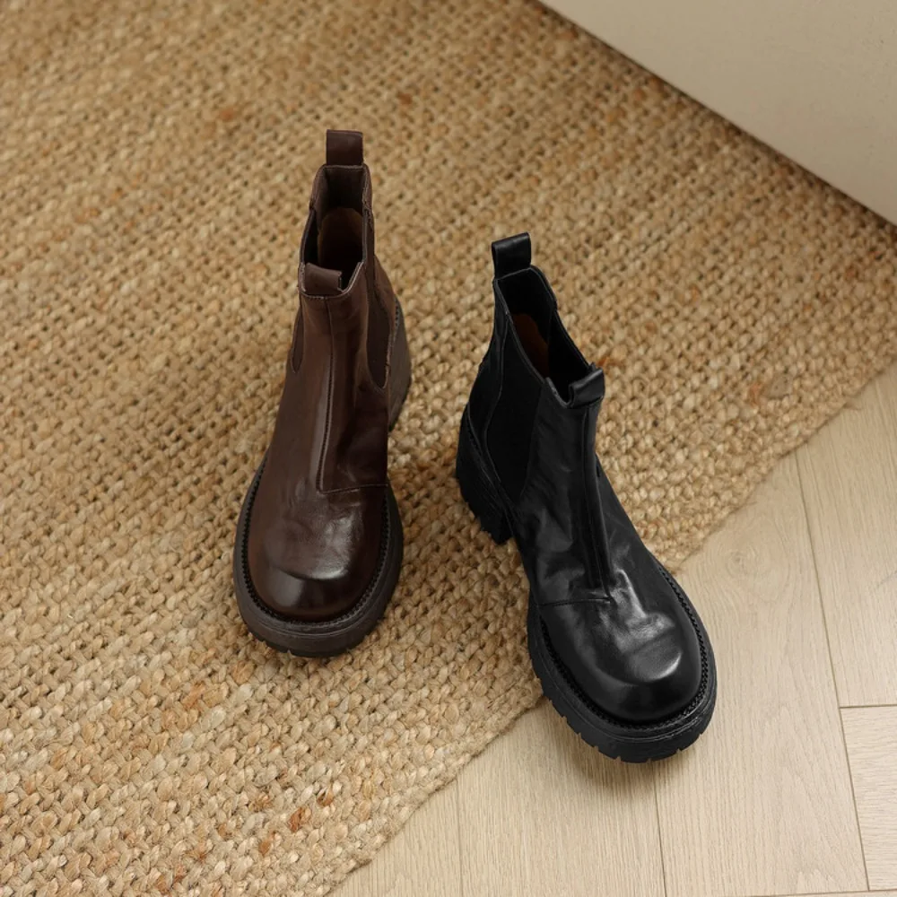 New 2026 Trend Autumn Winter Genuine Leather Women Chelsea Ankle Boots Low Block Heels Round Toe Slip on Boots(Black/Brown)