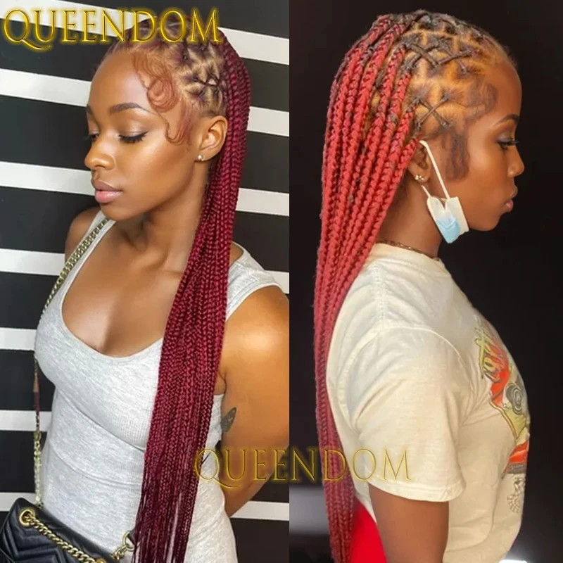 

Ombre Burgundy Synthetic Braid Wig Full Lace Criss Cross Box Braided Goddess Wig 36 Inch Long Knotless Cornrow Plait Braids Wig