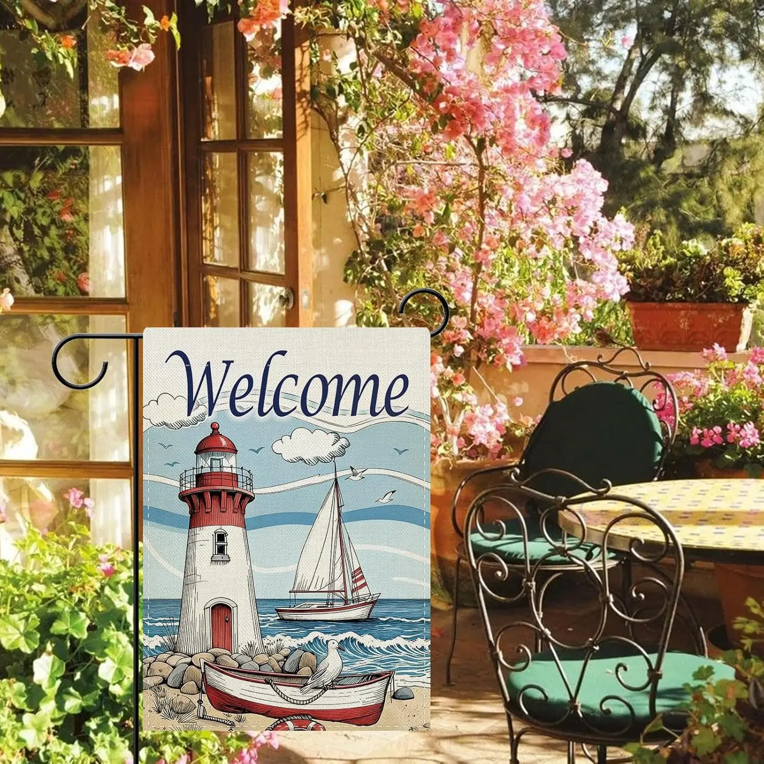 Dyrenson Nautical Lighthouse Welcome Decorative Garden Flag, Summer Coastal Beach Sea Sailboat Seagull Yard Outside Home Dec ZZM
