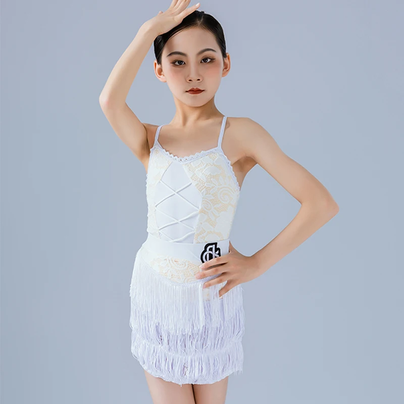 White Lace Latin Dance Dress Girls Performance Clothes Cha Cha Rumba Dance Clothes Fringe Dress Tops Skirt 2Pcs Sets DNV20776