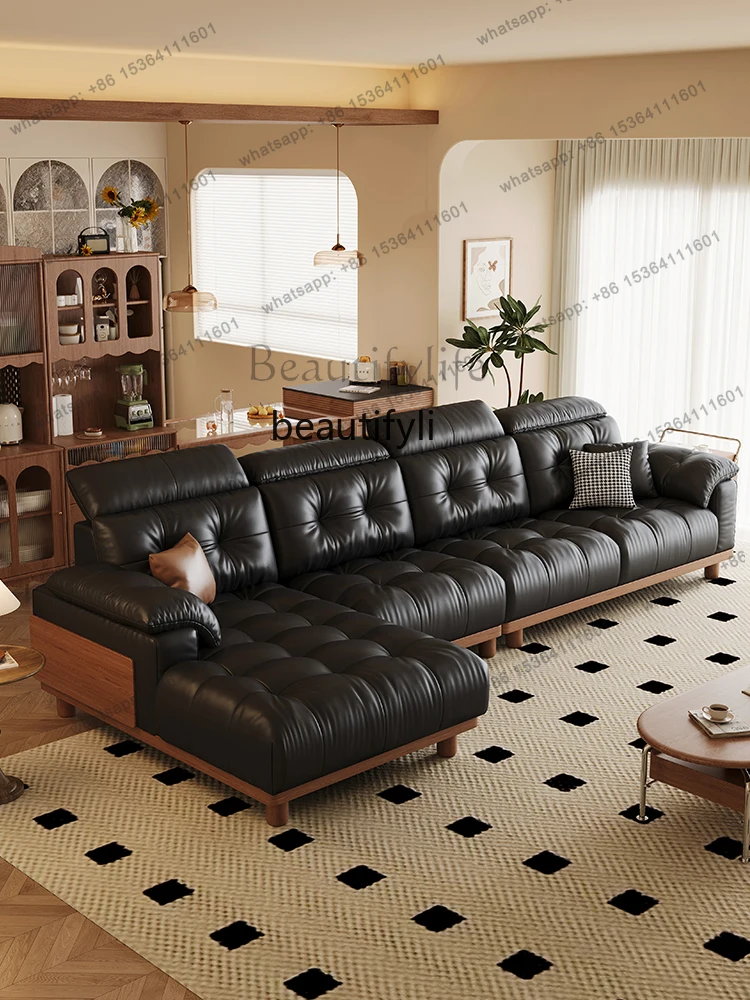 Living room solid wood sofa new three-person living room princess straight row leather sofa