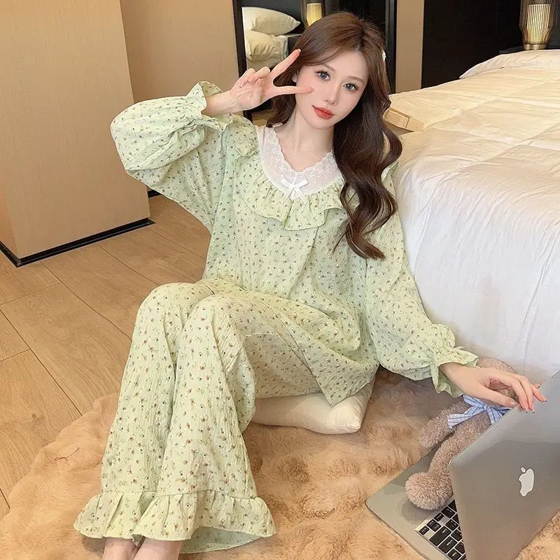 Sweet Women\'s Pajama Set Spring Autumn Pullover Long Sleeve Cute High-Grade Homewear Suit Female Loose Casual Thin Sleepwear