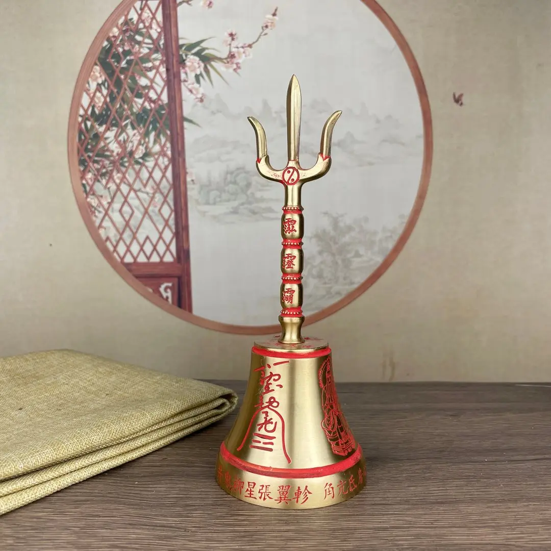 Metal Statue Copper cinnabar Sanqing Bell Taoism drives away evil spirits 7.8cm, height 20cm, weight 335g Vajra Dorje