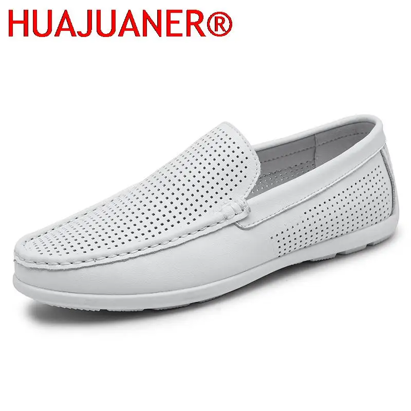 

White Loafers Men Casual Genuine Leather Shoes Slip On Summer Breathable Fashion Italian Trendy Luxury Designer Brand Loafer Man