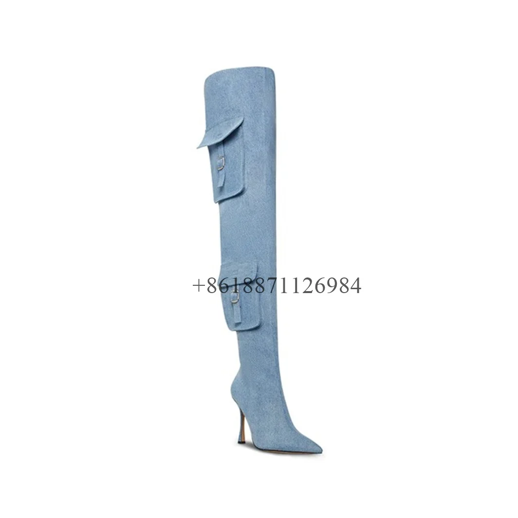 Ins Cowboy Blue Pointed Toe Over The Knee Women Boots Stiletto High Heels Slip On Design Large Size Fashion Show Shoes