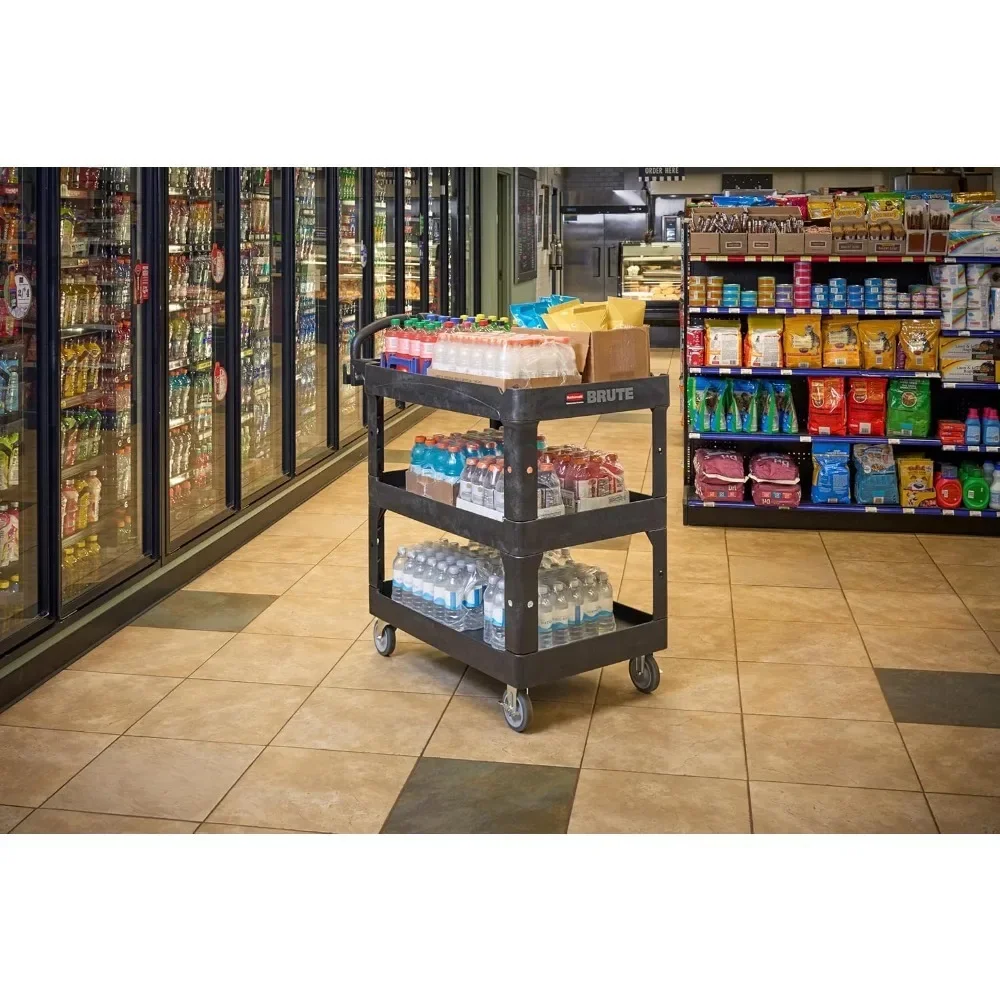 Heavy-Duty 3-Shelf Utility Cart, 600lb Capacity Service Cart with Lipped Shelves