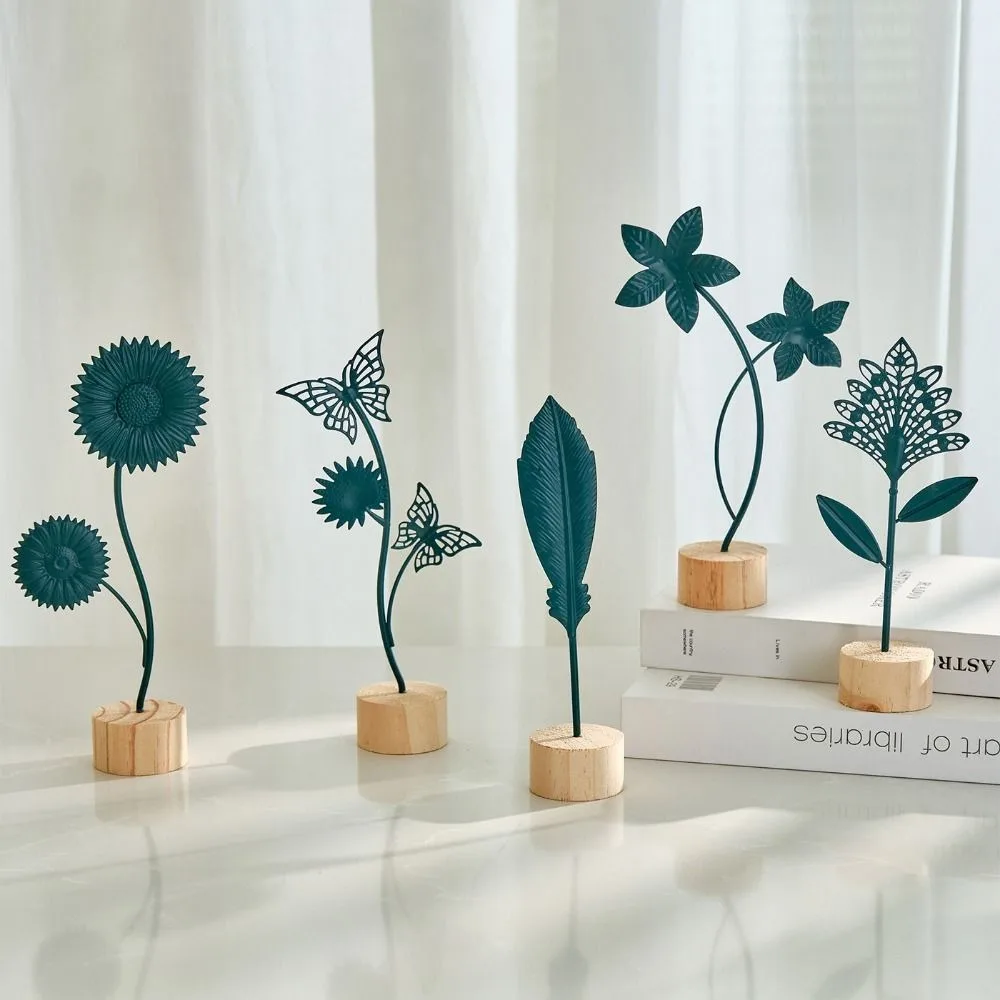 Wood Base Home Decoration Ornaments Hollow Out Sunflower Leaves Butterfly Metal Art Ornaments Gold Green Flower Shape