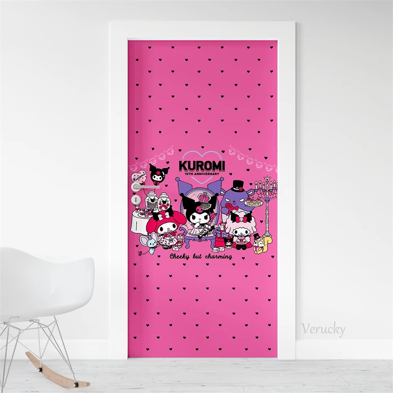 Door Stickers Cute Cartoon Kuromi Melody Pink Background Door Decoration Bedroom Living Room Door Stickers with Adhesive