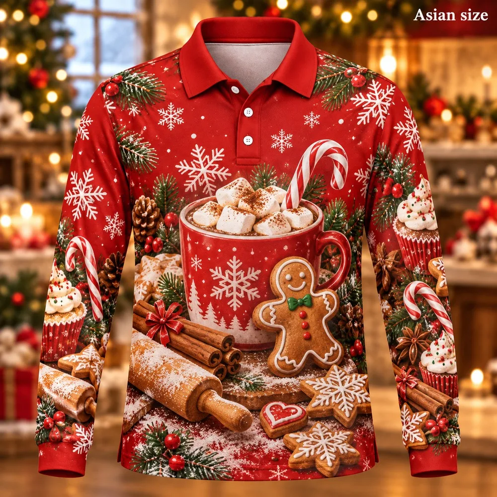 Christmas Baking Long Sleeve Polo Shirt for Men 3D Print Polyester Holiday Graphic Festive Casual Winter Fashion Novelty