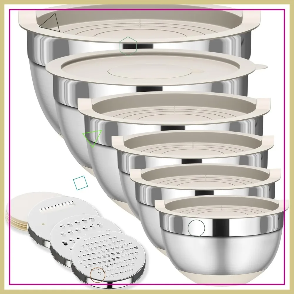 

6-Piece Stainless Steel Mixing Bowls with Lids, 3 Graters & Non-Slip Bottoms, Nesting Storage Set for Kitchen (5.5-1.1 QT)